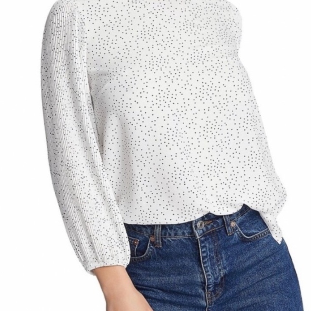 1.State Polka Dot Blouse Balloon Sleeve Round Neck Sz M White Women's - Picture 3 of 16
